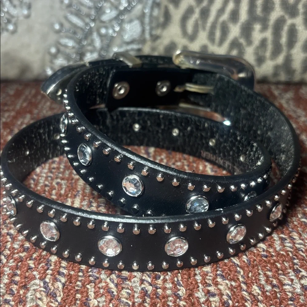 Vintage NOCONA belt Black Studded Leather Belt Silver Buckle rhinestone glamor